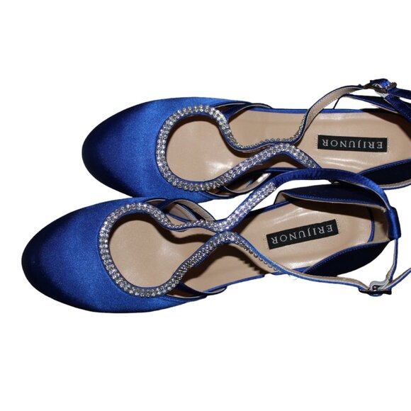 ERIJUNOR Comfort Low Heel Closed-Toe Ankle Strap Blue Satin Rhinestones 8, NIB - Picture 4 of 14
